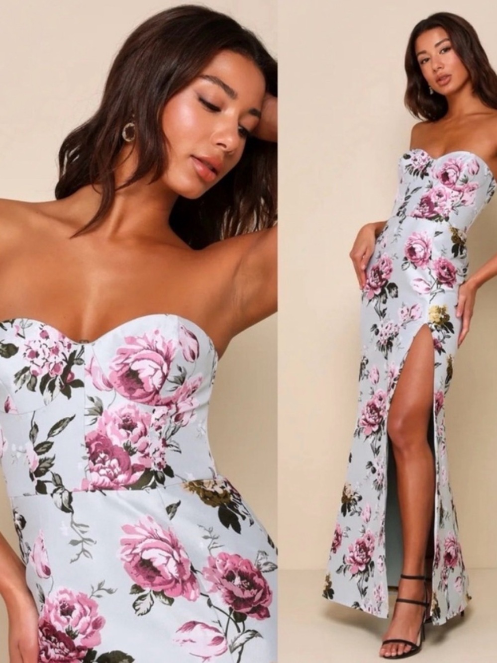 Lulu’s Light Sage Green and Pink Floral Jacquard Bustier Maxi Dress Wedding Prom